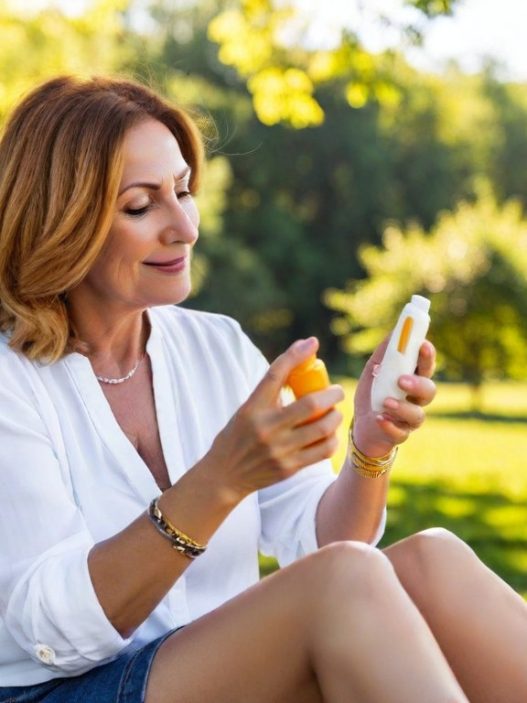 Frau im Garten mit Sonnenschutzmittel fürs Gesicht