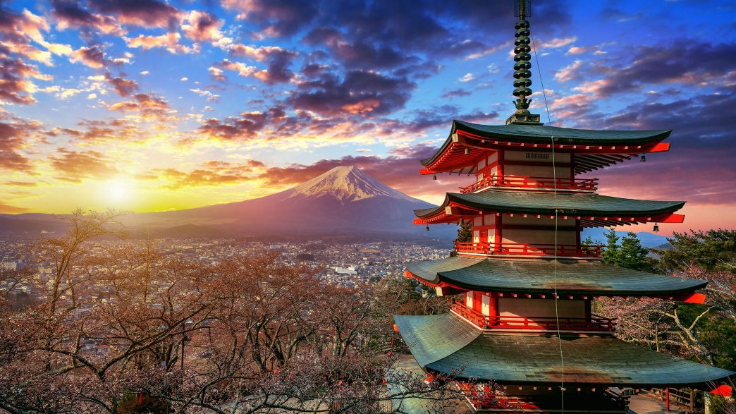 Chureito pagoda and Fuji mountain at sunset in Japan.
