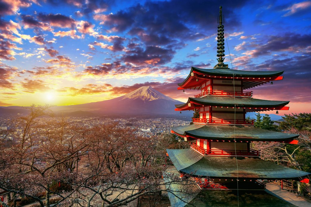 Chureito pagoda and Fuji mountain at sunset in Japan.