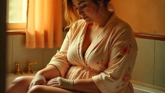 Frau mit Cellulite massiert die Beine mit einem Handschuh