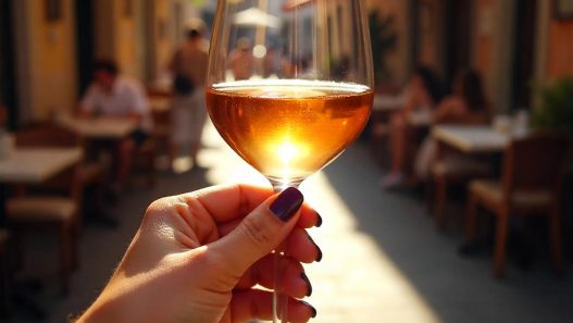 Frau mit einem Glas Wein und dunkel violetten FIngernägeln