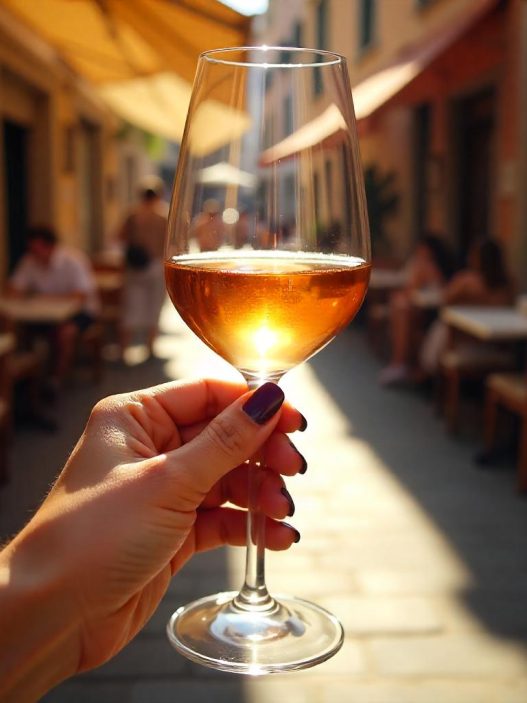 Frau mit einem Glas Wein und dunkel violetten FIngernägeln