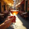 Frau mit einem Glas Wein und dunkel violetten FIngernägeln