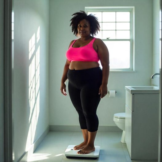 Kräftige Frau mit Sportdress auf Waage im Badezimmer