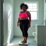 Kräftige Frau mit Sportdress auf Waage im Badezimmer