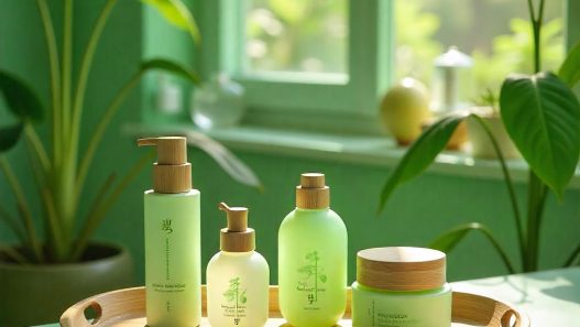 Koreanische Kosmetik im Badezimmer auf einer Kommode vor dem Fenster