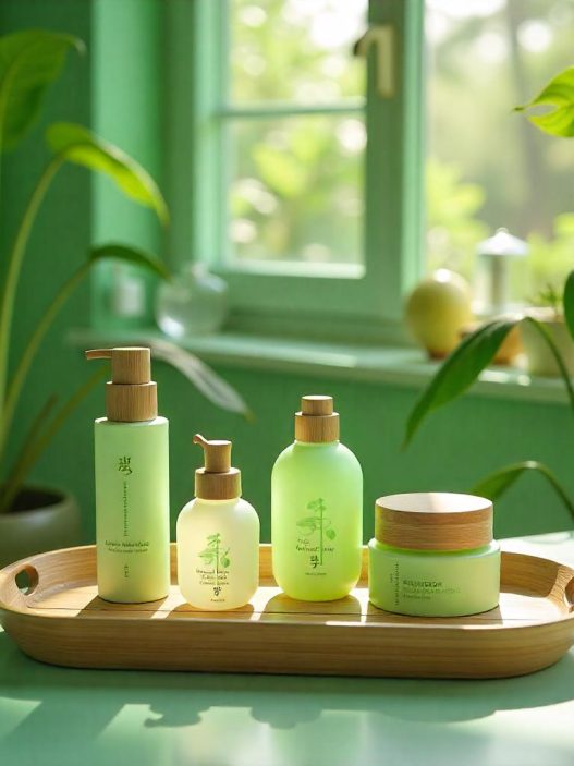 Koreanische Kosmetik im Badezimmer auf einer Kommode vor dem Fenster