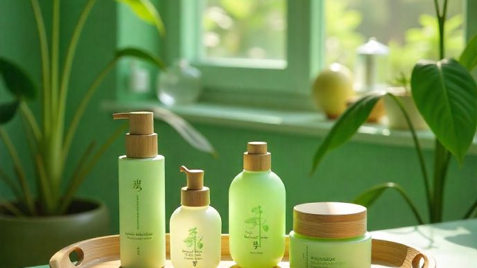 Koreanische Kosmetik im Badezimmer auf einer Kommode vor dem Fenster