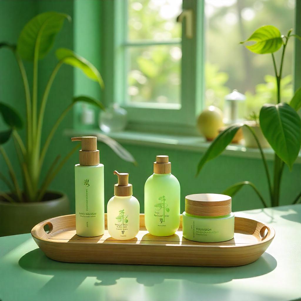 Koreanische Kosmetik im Badezimmer auf einer Kommode vor dem Fenster