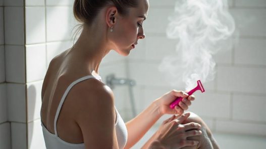 Frau im Badezimmer, die sich die Beine rasiert
