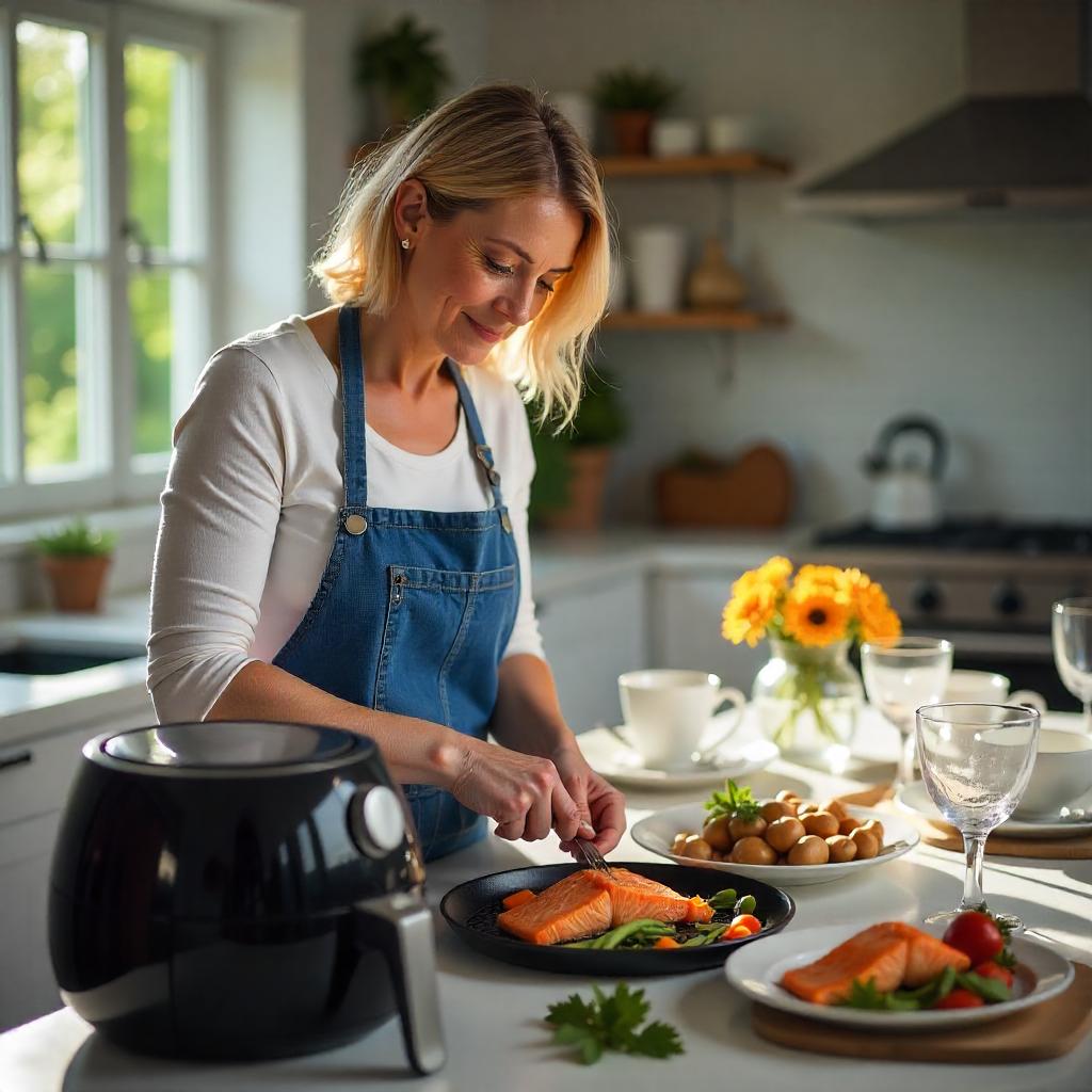 Frau die Lachs im Airfryer zubereitet und im Hintergrund ist ein gedeckter Tisch zu sehen