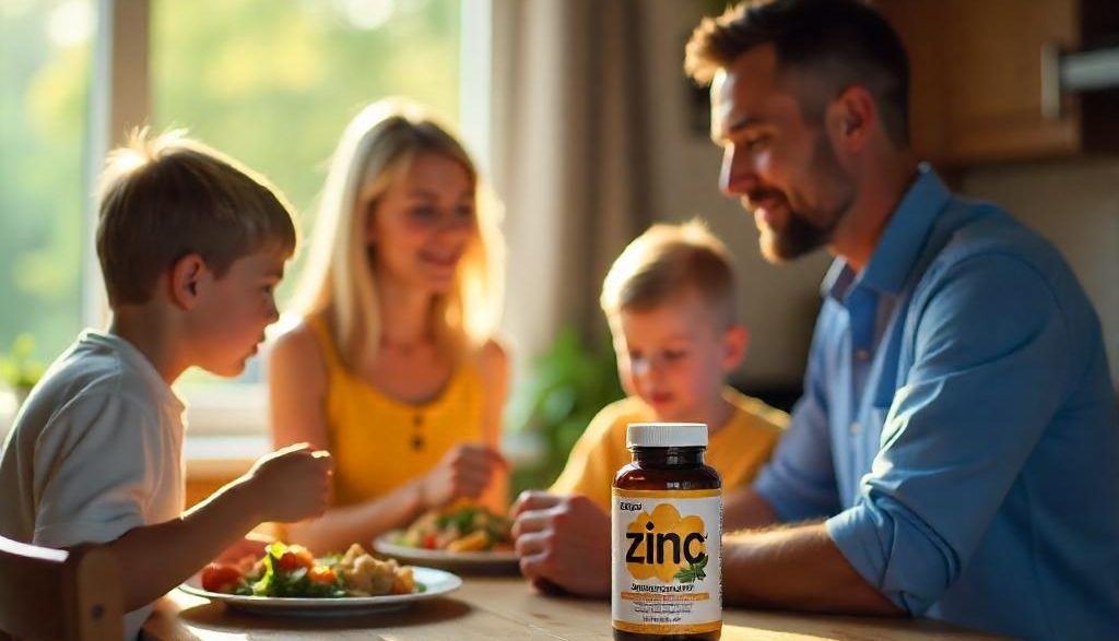 Mann mit Familie an einem Tisch auf dem eine Packung Zink steht