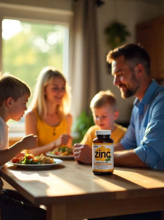 Mann mit Familie an einem Tisch auf dem eine Packung Zink steht