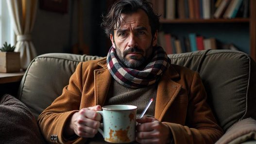 Erkälteter Mann mit Schal und Schnupfennase auf Sofa mit einer Tasse Tee in der einen Hand und einem Fieberthermometer in der anderen Hand.
