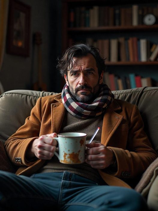 Erkälteter Mann mit Schal und Schnupfennase auf Sofa mit einer Tasse Tee in der einen Hand und einem Fieberthermometer in der anderen Hand.