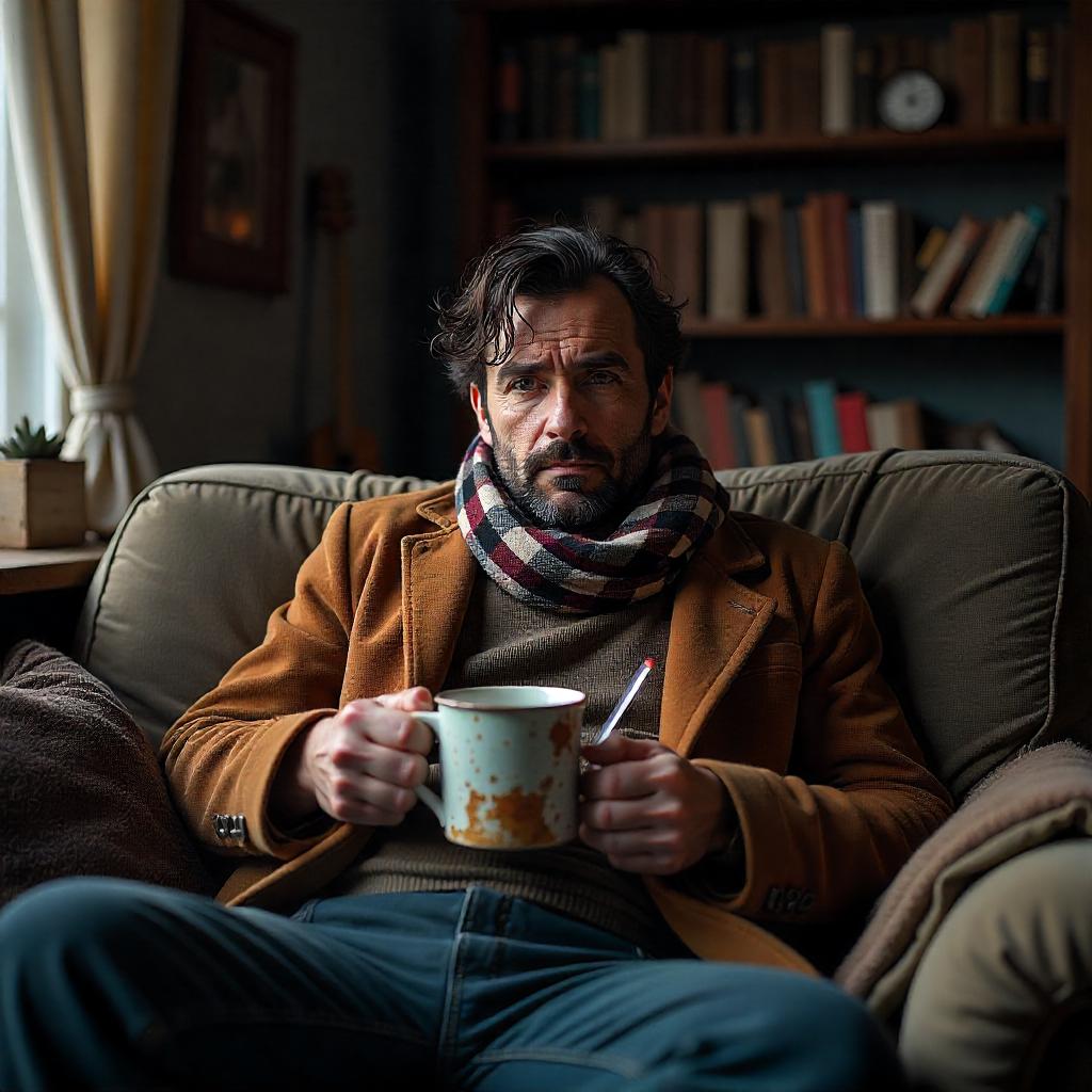 Erkälteter Mann mit Schal und Schnupfennase auf Sofa mit einer Tasse Tee in der einen Hand und einem Fieberthermometer in der anderen Hand.