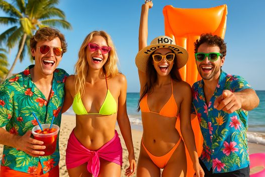 Junge Männer und Frauen in bunten Malle Outfits 2025 feiern am Ballermann Strand in Neon Bikinis und Hawaiihemden mit Sonnenbrillen und Palmen