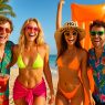 Junge Männer und Frauen in bunten Malle Outfits 2025 feiern am Ballermann Strand in Neon Bikinis und Hawaiihemden mit Sonnenbrillen und Palmen